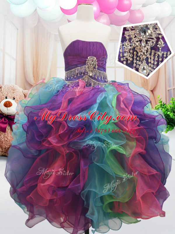 Multi-color Ball Gowns Strapless Sleeveless Organza Floor Length Zipper Beading and Ruffles Pageant Dress for Womens