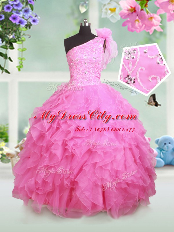 One Shoulder Sleeveless Pageant Dress Womens Floor Length Beading and Ruffles and Hand Made Flower Rose Pink Organza