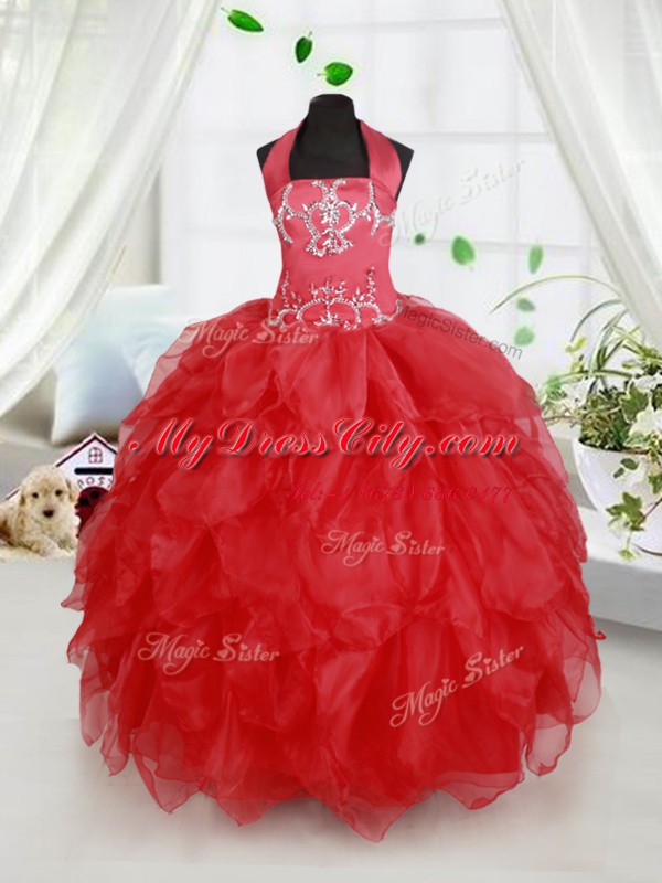 Halter Top Floor Length Red Little Girl Pageant Gowns Organza Sleeveless Beading and Ruffles