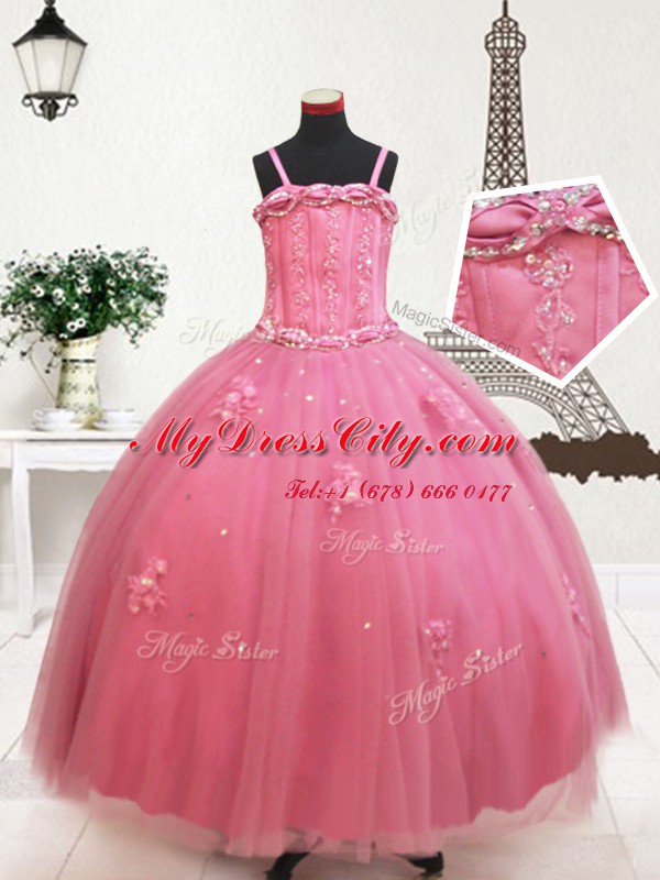 Hot Sale Straps Hot Pink Ball Gowns Beading and Appliques Little Girls Pageant Gowns Zipper Tulle Sleeveless Floor Length