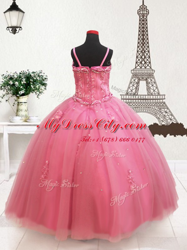 Hot Sale Straps Hot Pink Ball Gowns Beading and Appliques Little Girls Pageant Gowns Zipper Tulle Sleeveless Floor Length