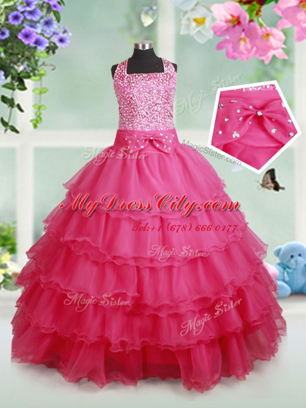 Ruffled Ball Gowns Pageant Dress for Girls Hot Pink Halter Top Organza Sleeveless Floor Length Zipper