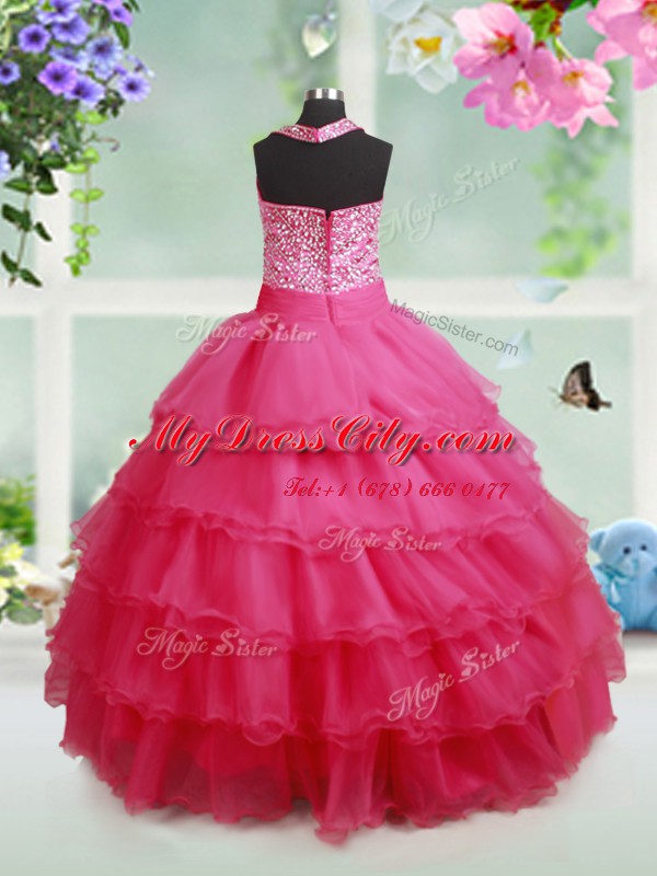 Ruffled Ball Gowns Pageant Dress for Girls Hot Pink Halter Top Organza Sleeveless Floor Length Zipper