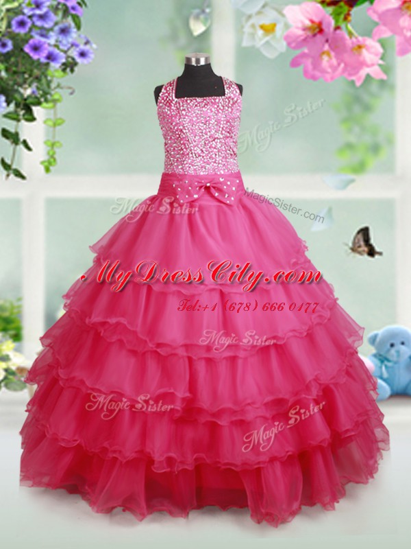 Ruffled Ball Gowns Pageant Dress for Girls Hot Pink Halter Top Organza Sleeveless Floor Length Zipper