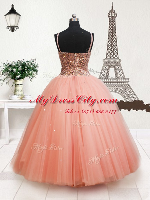 Best Sequins Ball Gowns Little Girls Pageant Gowns Peach Straps Tulle Sleeveless Floor Length Zipper