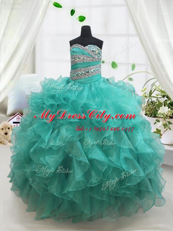 Affordable Sweetheart Sleeveless Organza Kids Pageant Dress Beading and Ruffles Lace Up