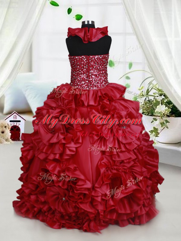 Halter Top Wine Red Taffeta Zipper Child Pageant Dress Sleeveless Floor Length Beading and Ruffles and Sequins