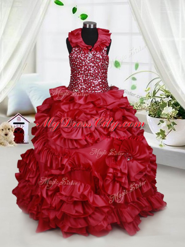 Halter Top Wine Red Taffeta Zipper Child Pageant Dress Sleeveless Floor Length Beading and Ruffles and Sequins