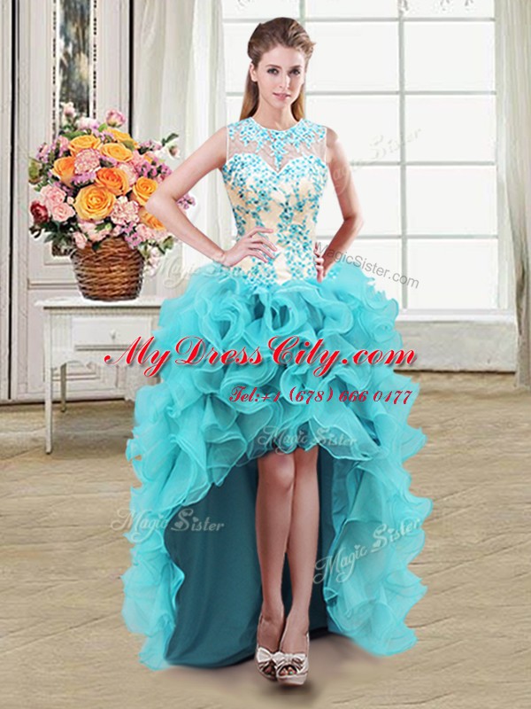 Pretty Scoop See Through High Low Ball Gowns Sleeveless Aqua Blue Prom Gown Zipper