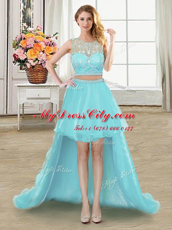 Hot Sale Scoop Tulle Sleeveless High Low Junior Homecoming Dress and Beading