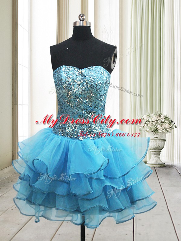 Enchanting Sequins Cocktail Dress Baby Blue Zipper Sleeveless Mini Length