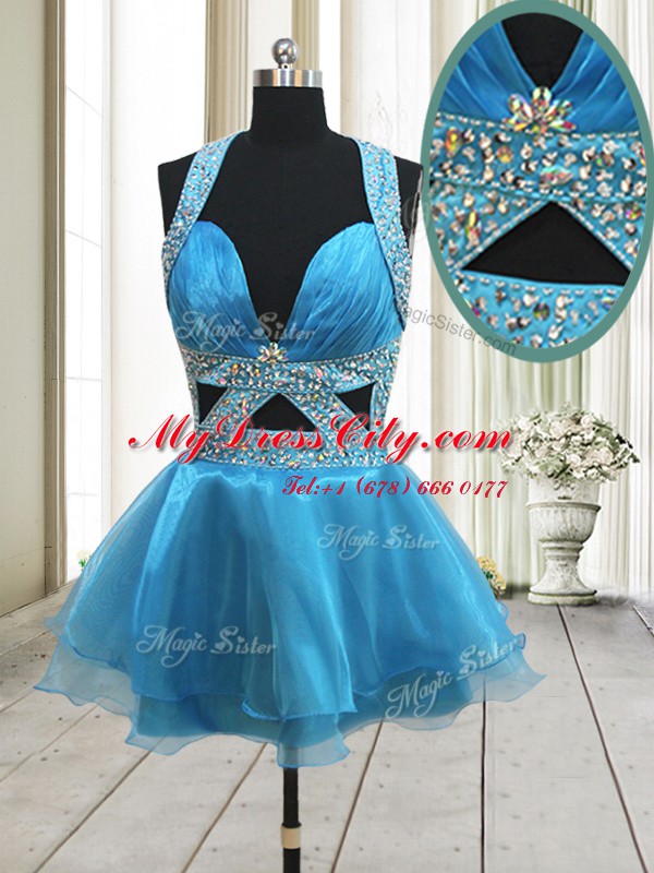 Graceful Halter Top Baby Blue A-line Beading Backless Organza Sleeveless Mini Length