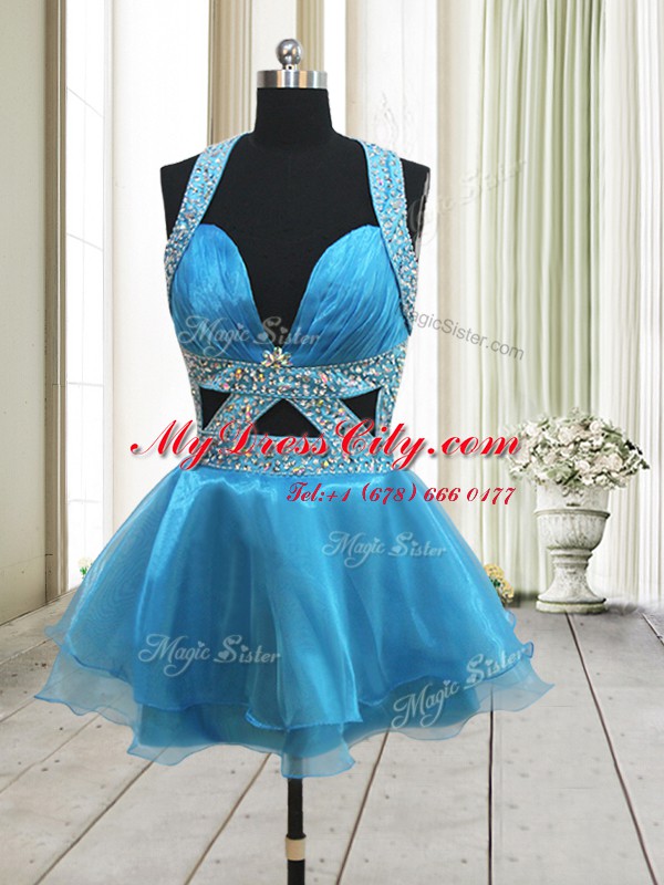 Graceful Halter Top Baby Blue A-line Beading Backless Organza Sleeveless Mini Length