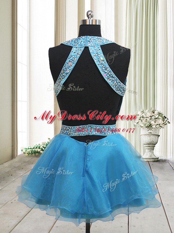 Graceful Halter Top Baby Blue A-line Beading Backless Organza Sleeveless Mini Length