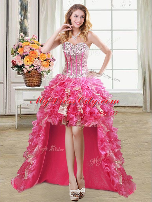 Custom Design Hot Pink Ball Gowns Sweetheart Sleeveless Organza High Low Lace Up Beading and Ruffles and Sequins Homecoming Dress