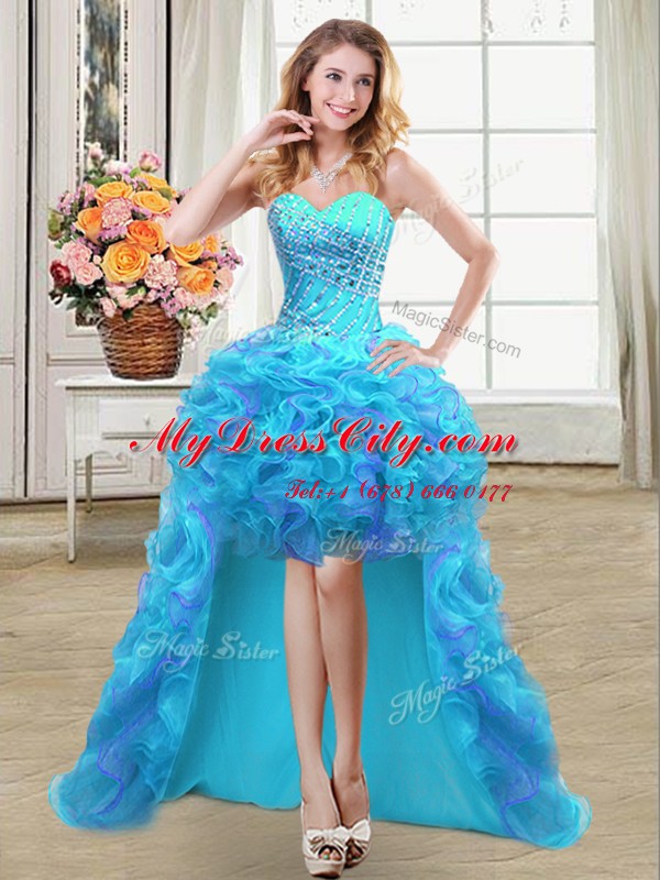 Eye-catching Aqua Blue Lace Up Sweetheart Beading and Ruffles Celebrity Dresses Organza Sleeveless