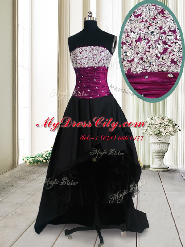 Exquisite Strapless Sleeveless Homecoming Dress High Low Beading Black Taffeta