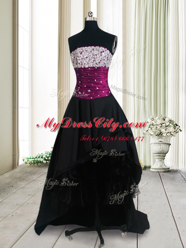 Exquisite Strapless Sleeveless Homecoming Dress High Low Beading Black Taffeta