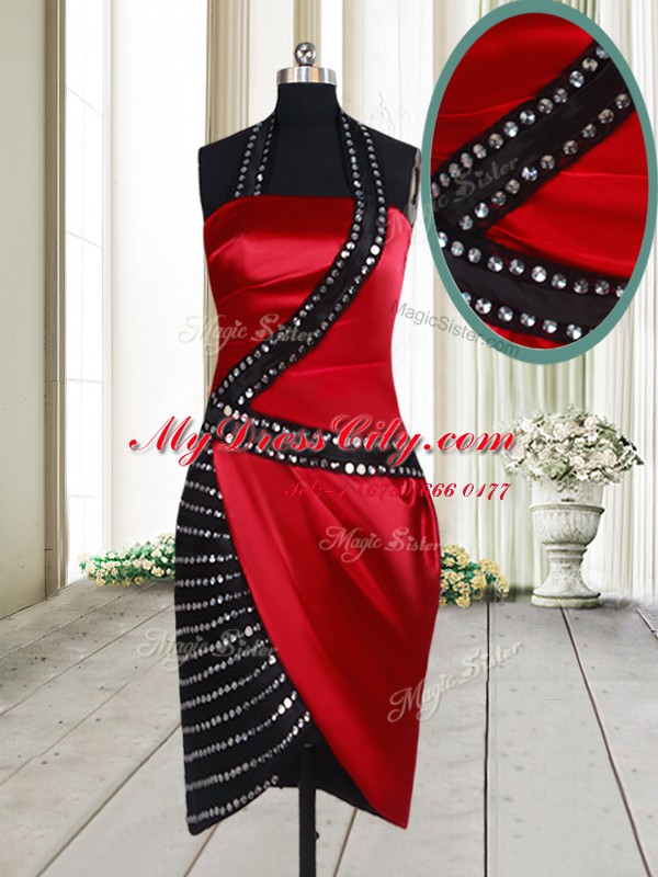 Halter Top Red And Black Elastic Woven Satin Side Zipper Prom Party Dress Sleeveless Knee Length Beading