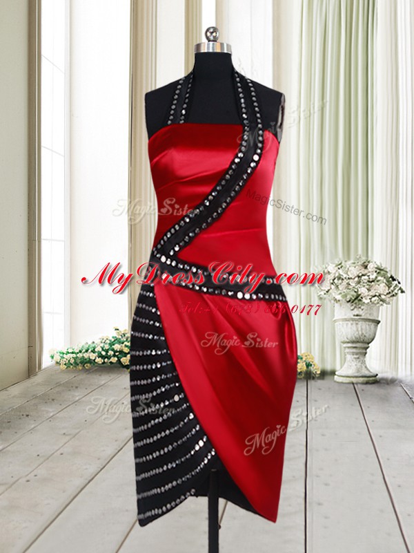 Halter Top Red And Black Elastic Woven Satin Side Zipper Prom Party Dress Sleeveless Knee Length Beading