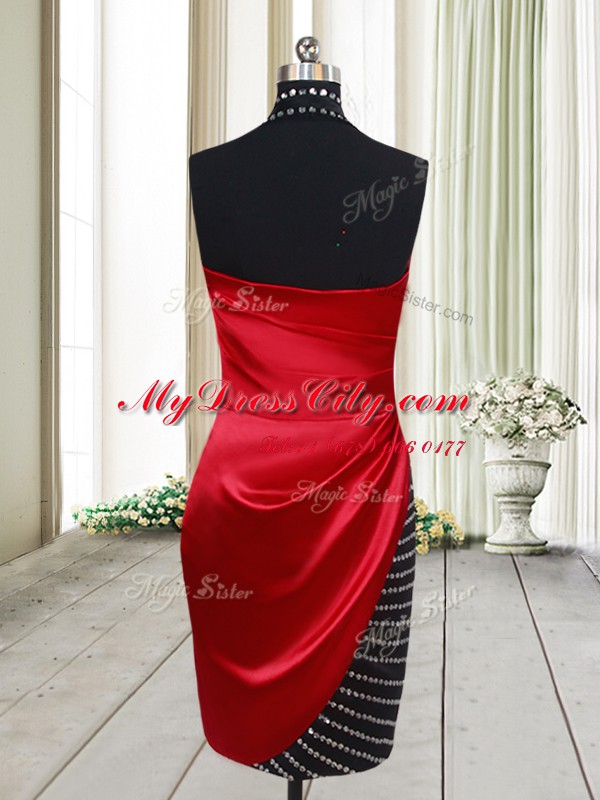 Halter Top Red And Black Elastic Woven Satin Side Zipper Prom Party Dress Sleeveless Knee Length Beading