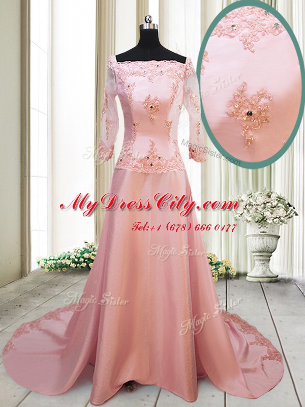 Square Peach Zipper Prom Gown Beading and Appliques Long Sleeves With Brush Train