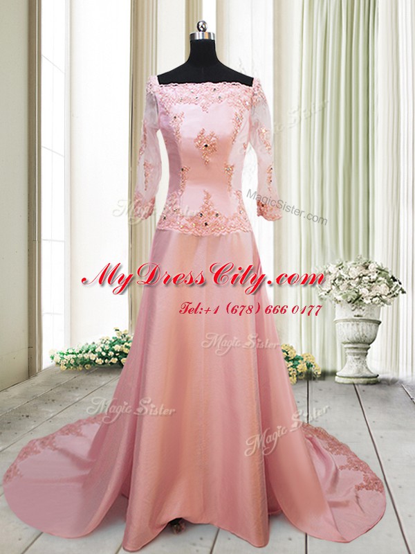 Square Peach Zipper Prom Gown Beading and Appliques Long Sleeves With Brush Train