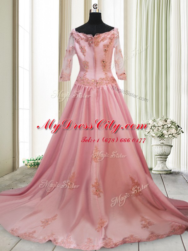 Square Peach Zipper Prom Gown Beading and Appliques Long Sleeves With Brush Train