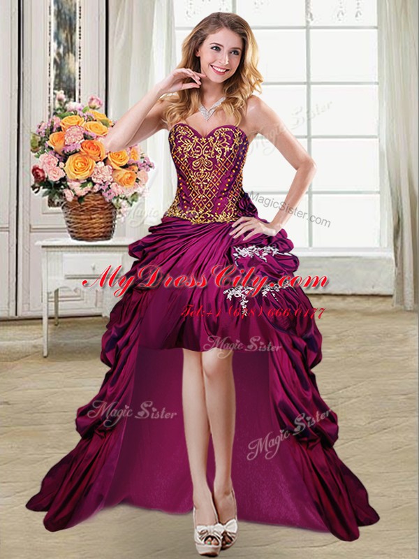 Traditional High Low Fuchsia Prom Dresses Taffeta Sleeveless Beading and Appliques and Pick Ups