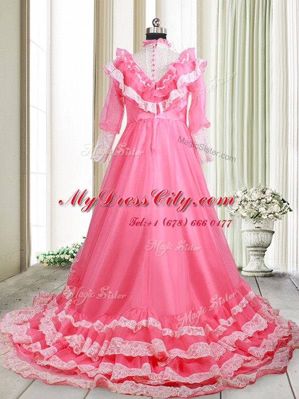 Custom Designed Pink Empire V-neck Long Sleeves Chiffon Brush Train Zipper Beading and Lace and Ruffled Layers Prom Evening Gown