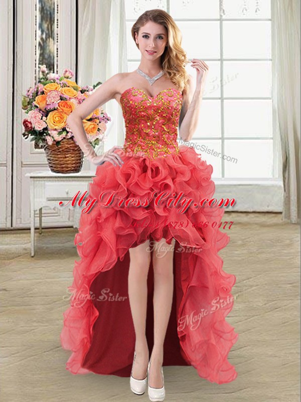 Sweetheart Sleeveless Organza Prom Dress Beading and Ruffles Lace Up