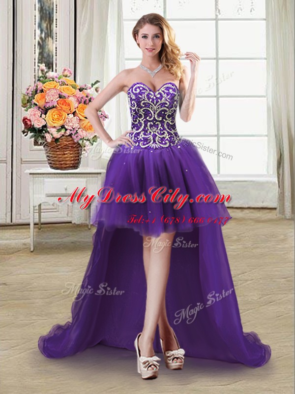 Classical Purple Tulle Lace Up Celeb Inspired Gowns Sleeveless High Low Beading and Sequins