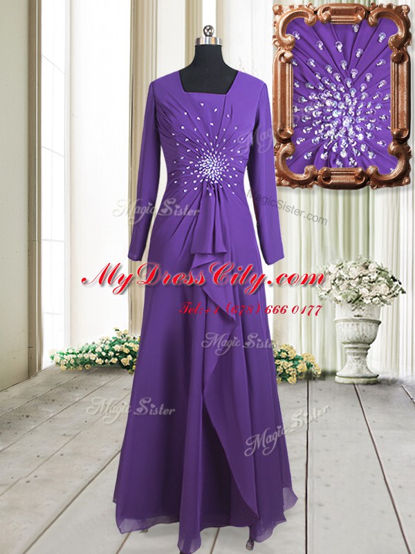 Chiffon Square Long Sleeves Zipper Beading Prom Party Dress in Purple