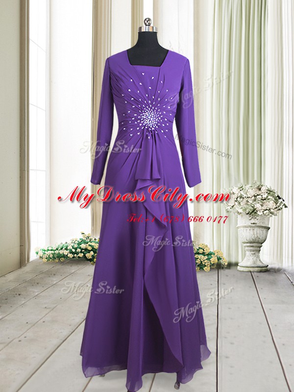 Chiffon Square Long Sleeves Zipper Beading Prom Party Dress in Purple