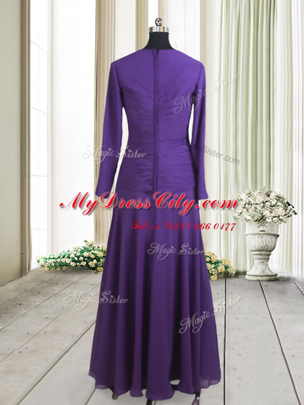 Chiffon Square Long Sleeves Zipper Beading Prom Party Dress in Purple