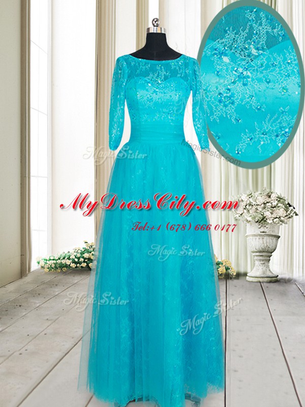 Scoop Half Sleeves Zipper Floor Length Beading and Lace and Appliques Evening Dress