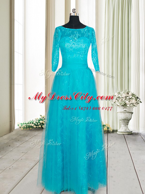 Scoop Half Sleeves Zipper Floor Length Beading and Lace and Appliques Evening Dress