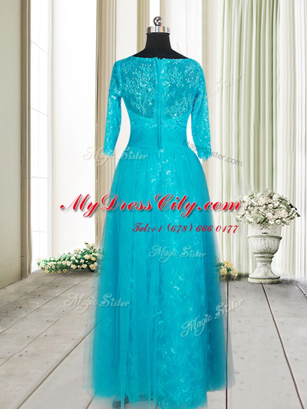 Scoop Half Sleeves Zipper Floor Length Beading and Lace and Appliques Evening Dress