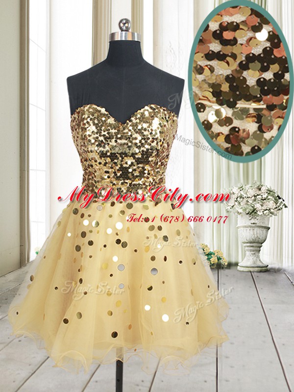 Cute Sequins Sweetheart Sleeveless Zipper Prom Party Dress Gold Organza