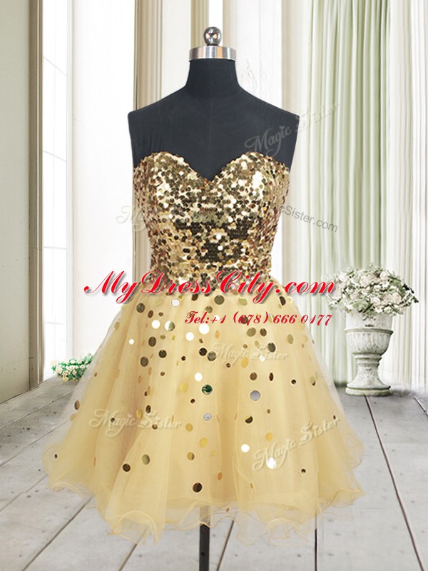 Cute Sequins Sweetheart Sleeveless Zipper Prom Party Dress Gold Organza