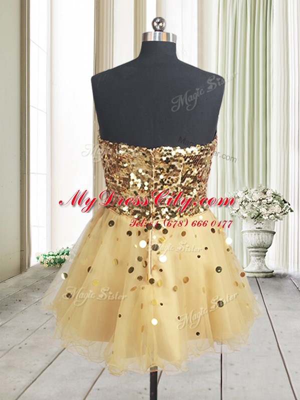 Cute Sequins Sweetheart Sleeveless Zipper Prom Party Dress Gold Organza