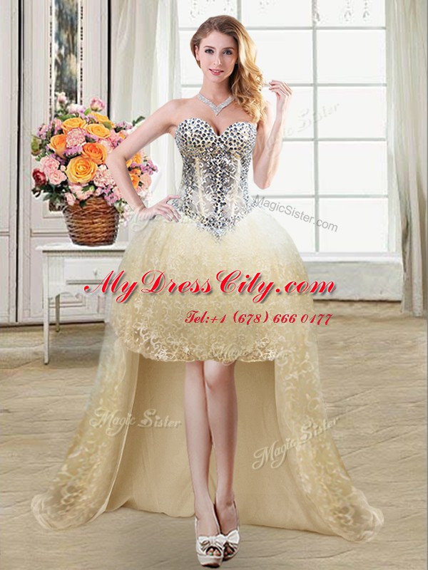 High Low Champagne Prom Dress Sweetheart Sleeveless Lace Up