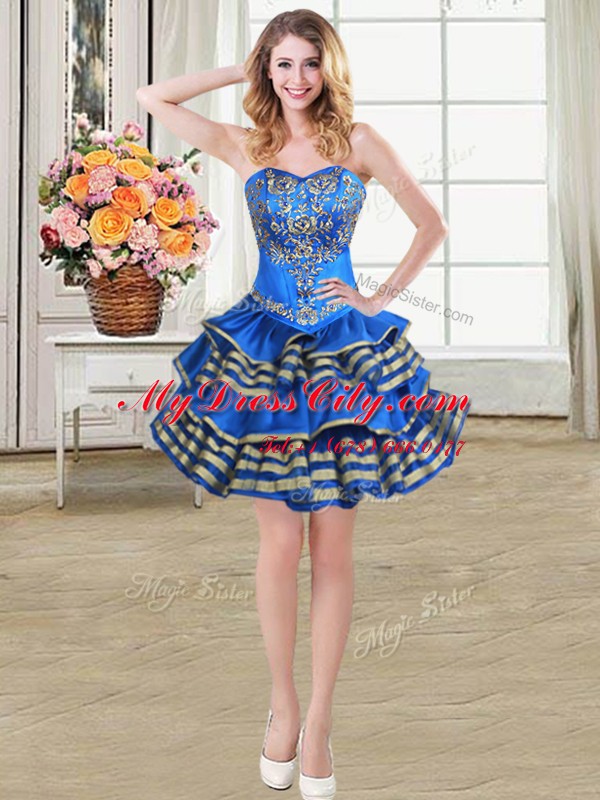 Dynamic Blue Prom Gown Prom and Party and For with Beading and Embroidery and Ruffled Layers Sweetheart Sleeveless Lace Up