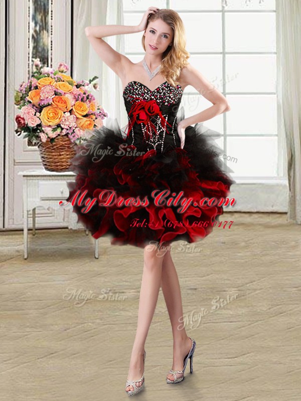 Romantic Organza and Tulle Sweetheart Sleeveless Lace Up Beading and Ruffles and Hand Made Flower Prom Evening Gown in Red