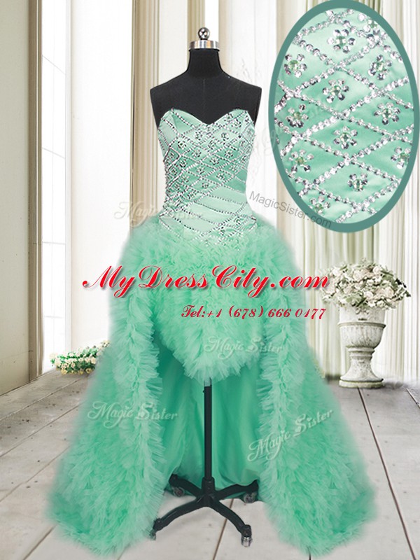 Modern Apple Green Lace Up Junior Homecoming Dress Beading and Ruffles Sleeveless With Brush Train