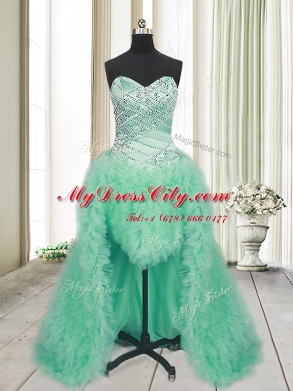 Modern Apple Green Lace Up Junior Homecoming Dress Beading and Ruffles Sleeveless With Brush Train