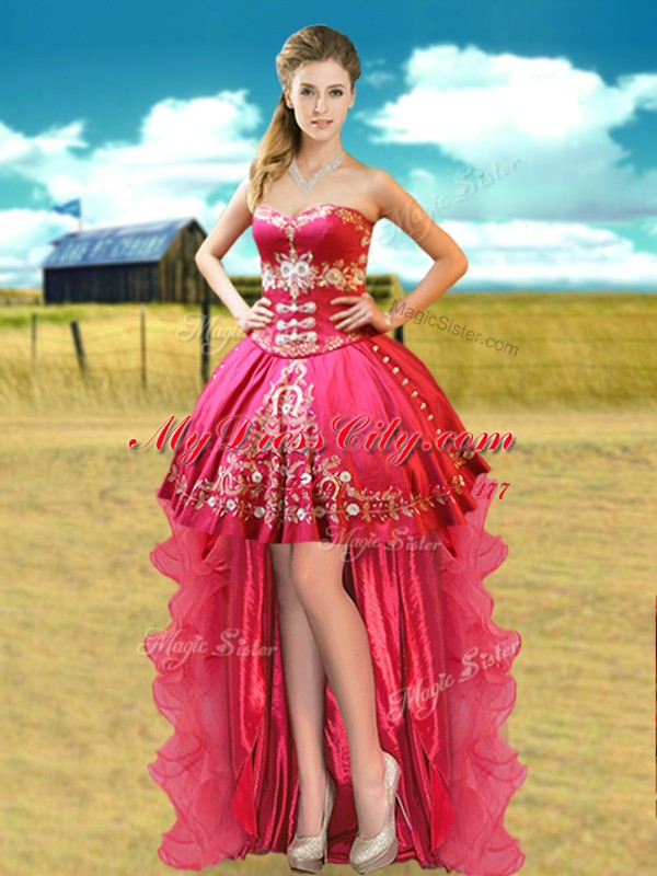 Decent Hot Pink Ball Gowns Beading and Appliques Lace Up Organza and Taffeta Sleeveless High Low