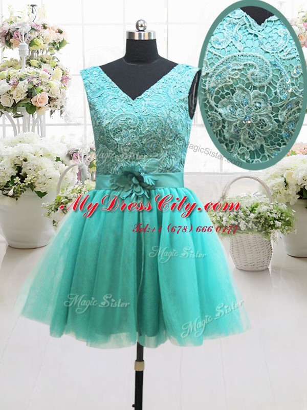 Turquoise Prom Dresses Prom and Party and For with Beading and Lace and Belt and Hand Made Flower V-neck Sleeveless Lace Up