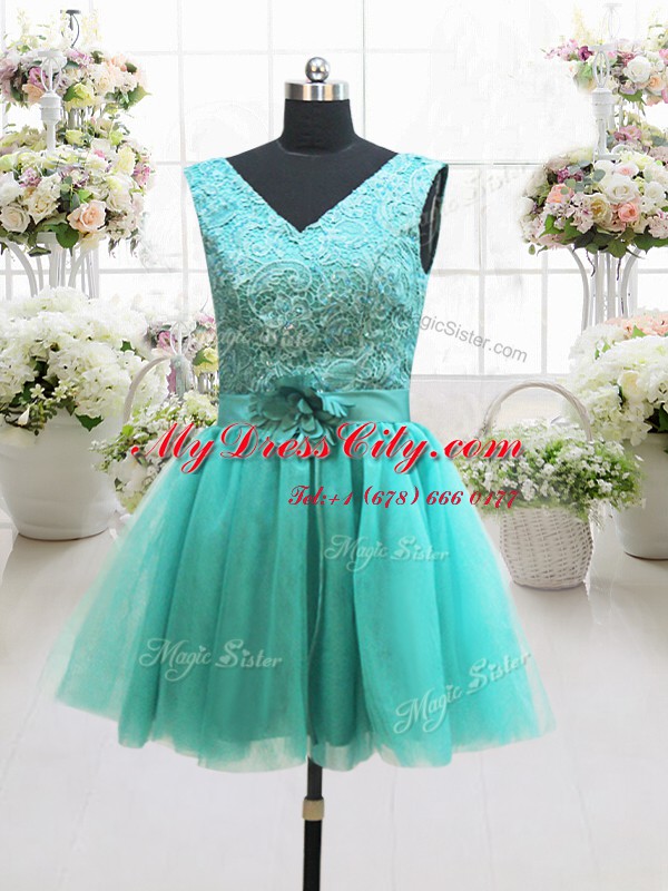 Turquoise Prom Dresses Prom and Party and For with Beading and Lace and Belt and Hand Made Flower V-neck Sleeveless Lace Up