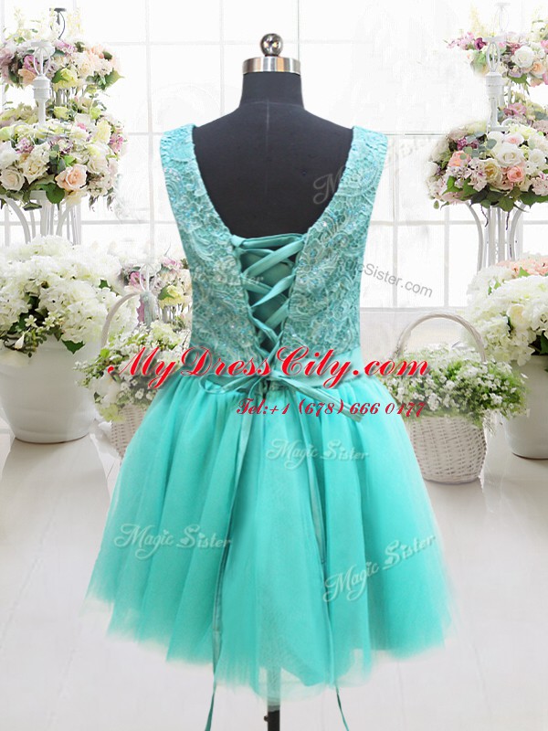 Turquoise Prom Dresses Prom and Party and For with Beading and Lace and Belt and Hand Made Flower V-neck Sleeveless Lace Up